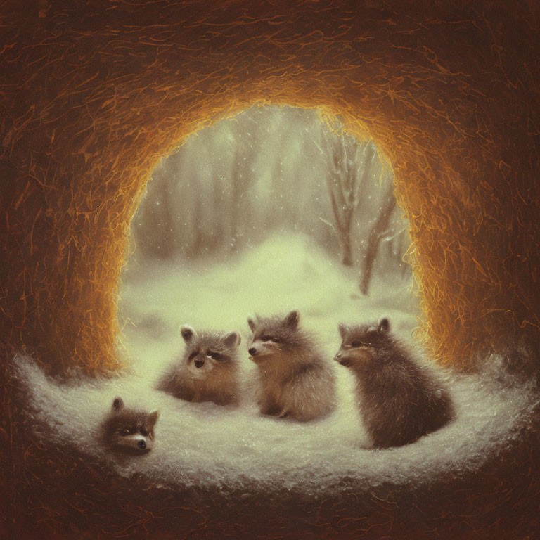 Four raccoons in cozy bed looking out of burrow into snowy landscape