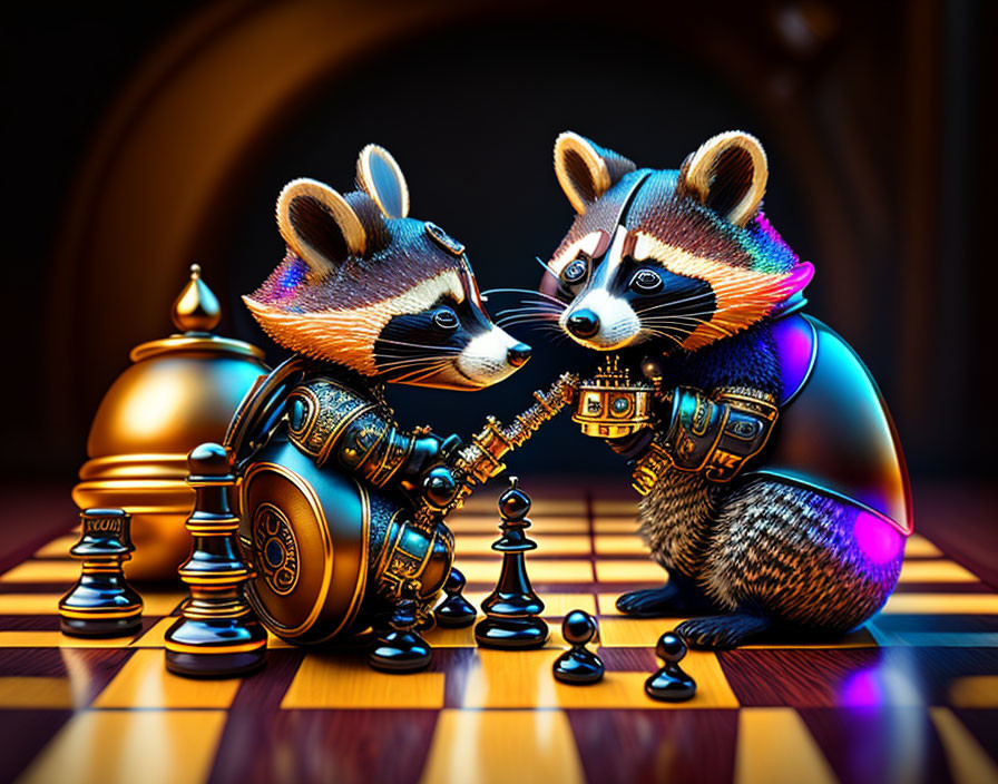 Anthropomorphized raccoons playing whimsical chess with steampunk-style pieces