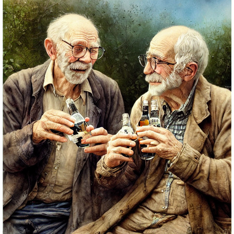Elderly Men Clinking Beer Bottles in Casual Attire