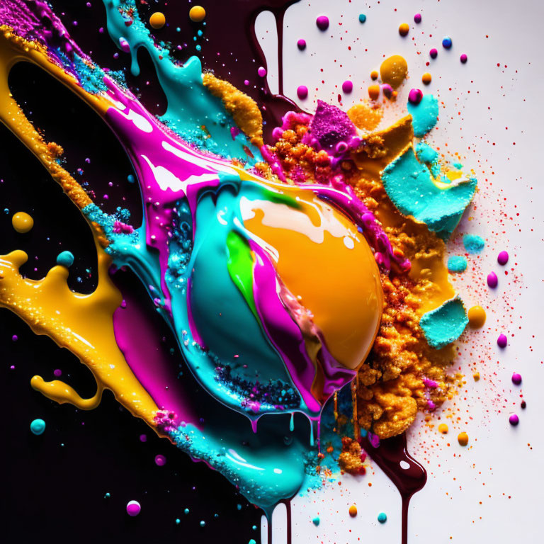 Colorful Liquid and Powder Splashes Frozen on Dark Background