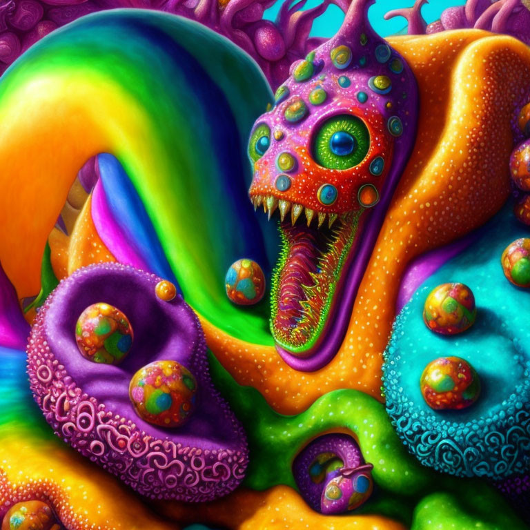 Colorful psychedelic creature with multiple eyes and scaly texture