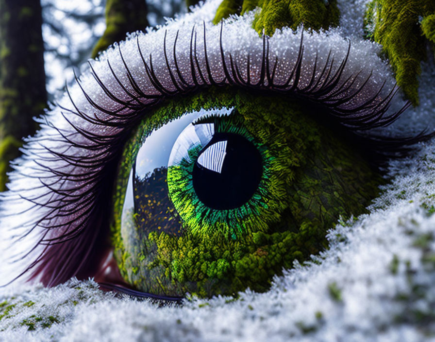 Detailed Close-Up of Vibrant Green Eye Frosted with Snow