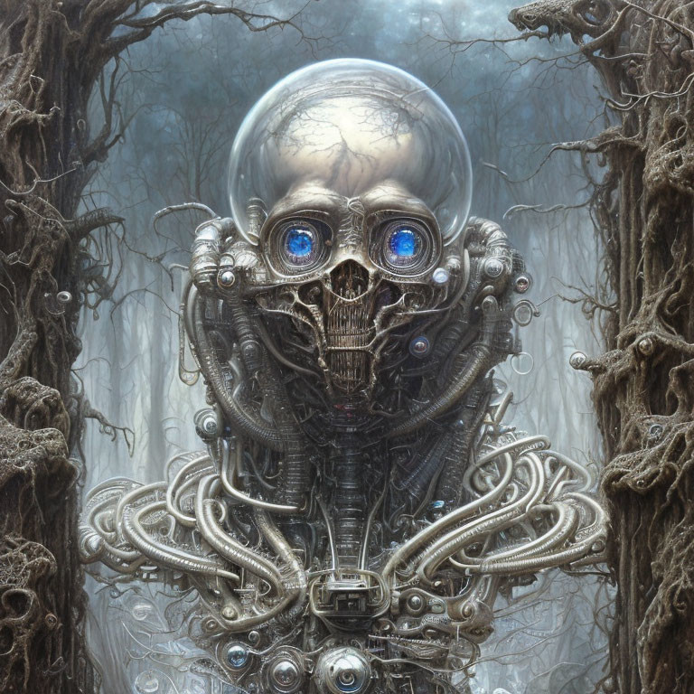 Detailed biomechanical entity with skull-like face in foggy forest