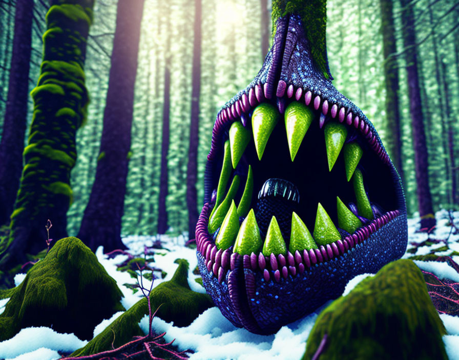 Fantastical creature with sharp teeth in snowy forest