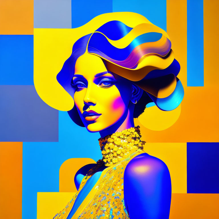 Colorful digital artwork of woman in yellow against geometric background