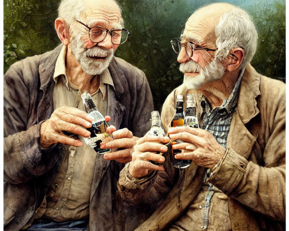 Elderly Men Clinking Beer Bottles in Casual Attire
