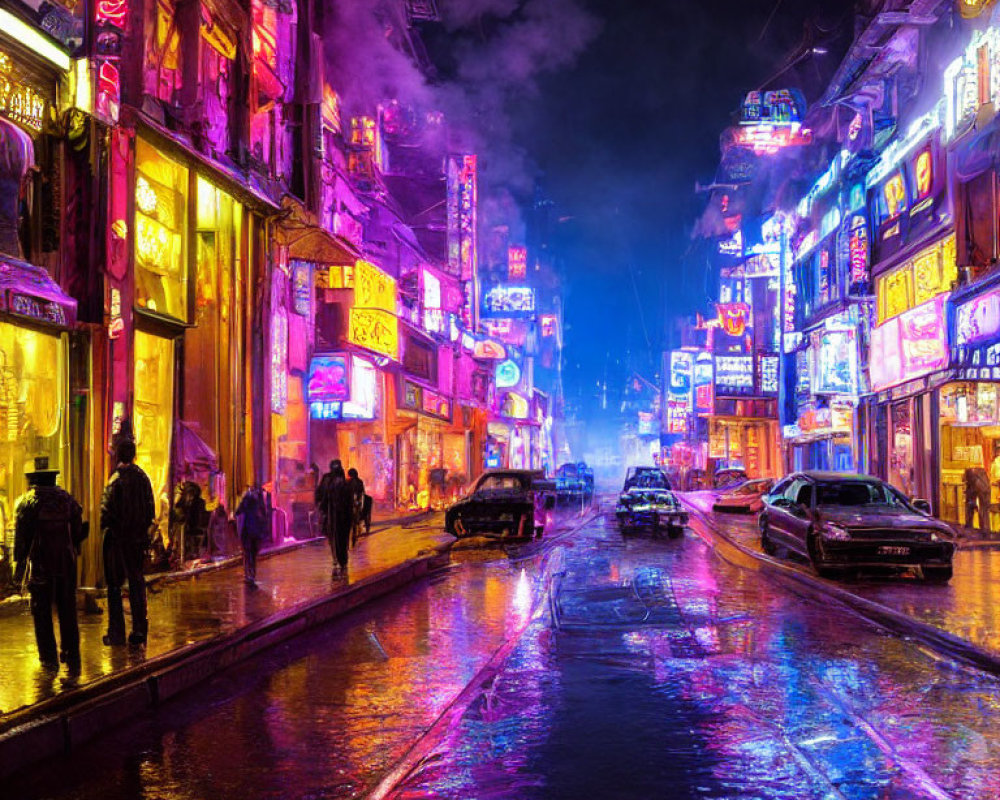 Neon-lit Night Street Scene with People and Cars