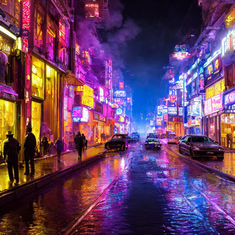 Neon-lit Night Street Scene with People and Cars