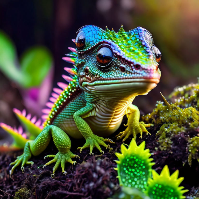 Colorful lizard perched on moss with succulents