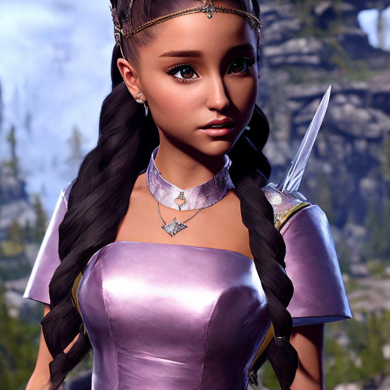 3D Rendered Female Character with Braided Hair in Purple Medieval Gown Holding Dagger