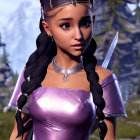 3D Rendered Female Character with Braided Hair in Purple Medieval Gown Holding Dagger