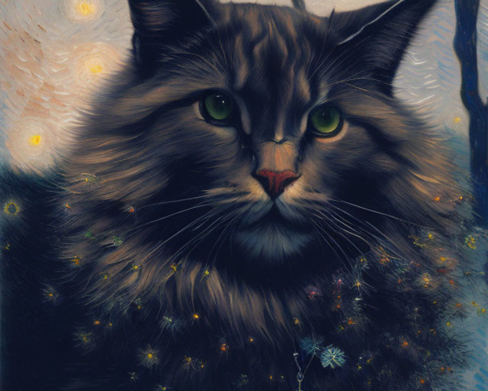 Fluffy cat with green eyes in Starry Night-inspired scene