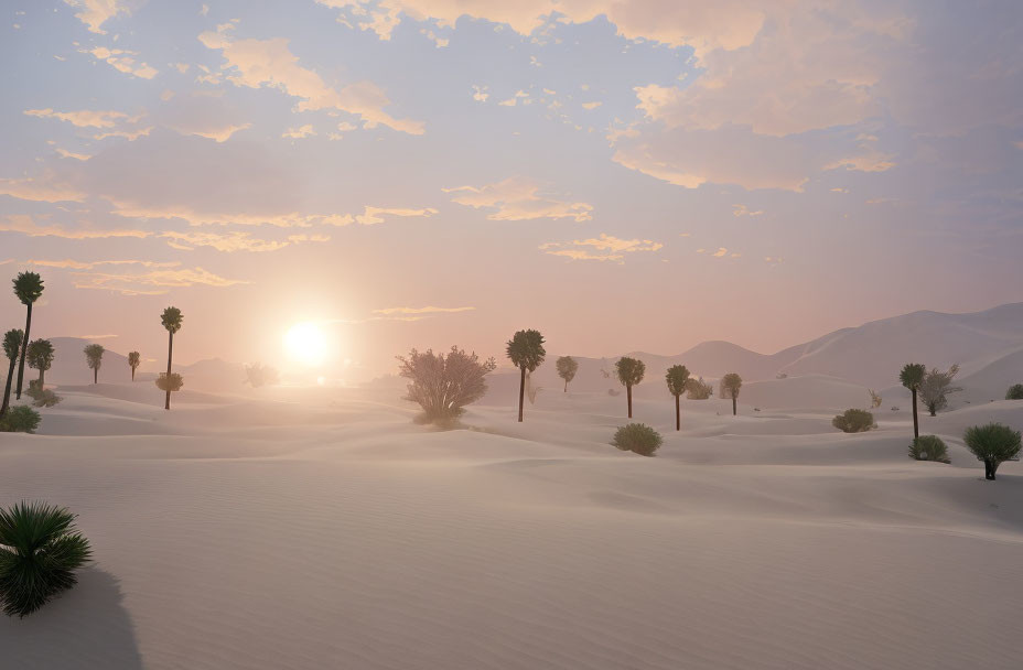 Serene desert landscape at sunset with rolling sand dunes