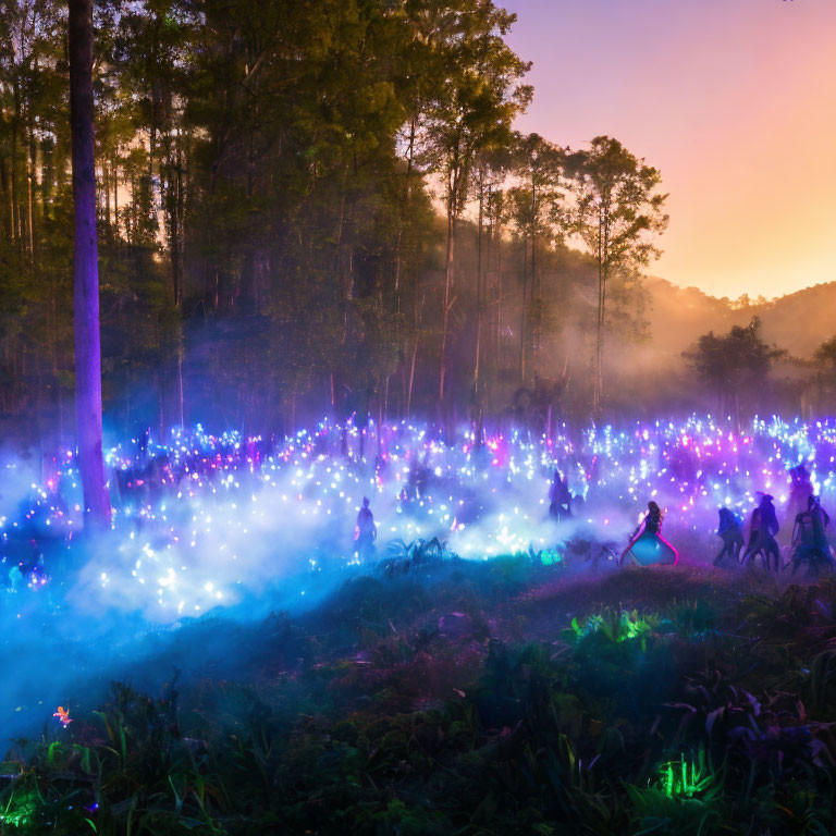 Twilight forest scene with colorful lights, fog, and wandering silhouettes