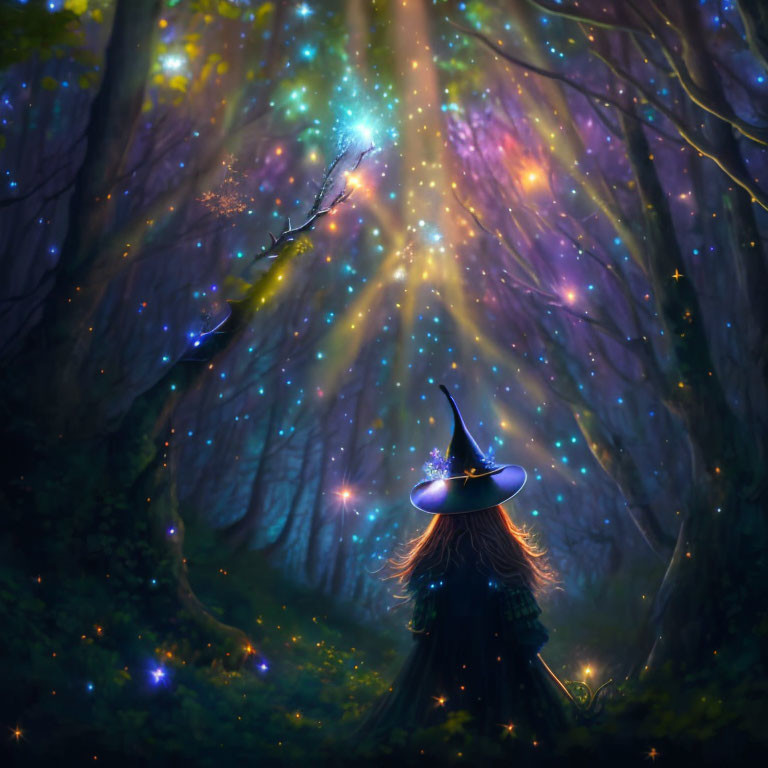 Mystical forest scene with cloaked figure at night