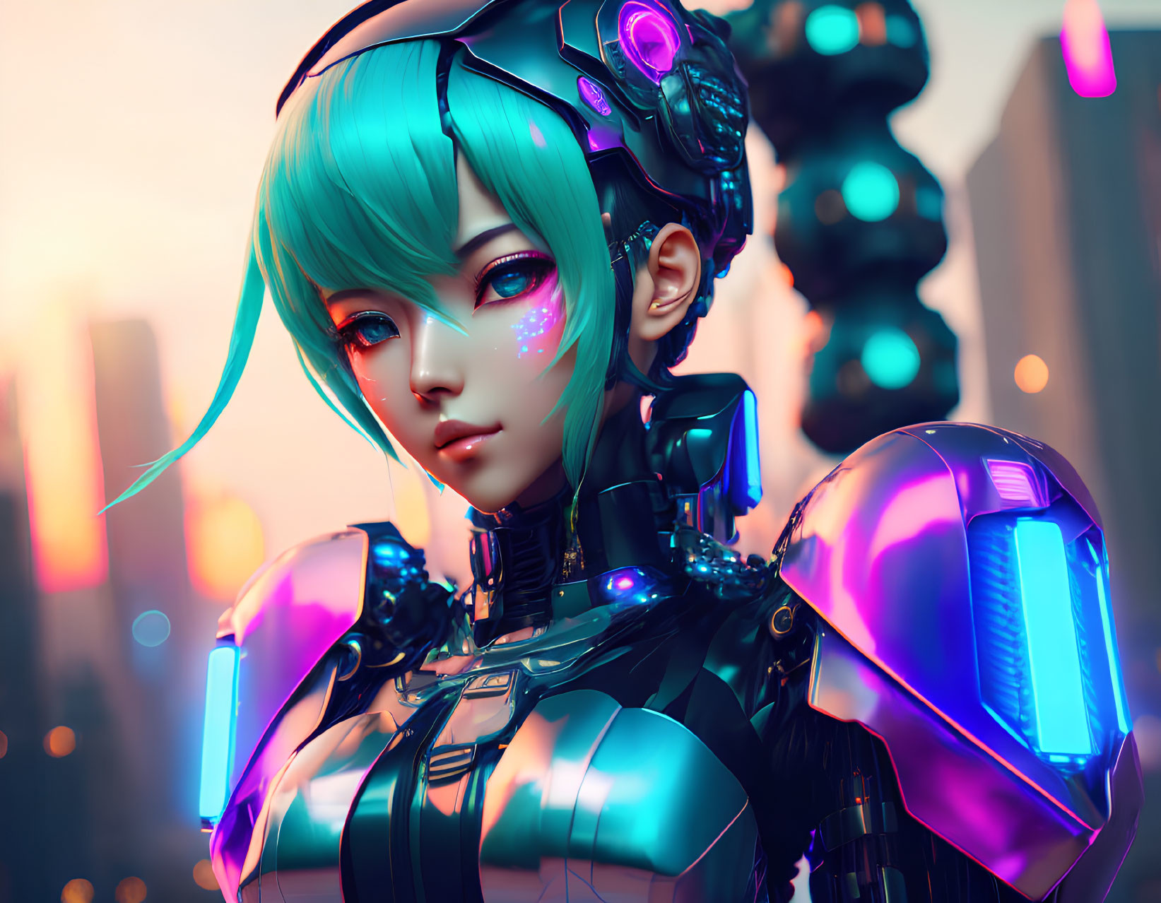 Futuristic female android with blue hair and cybernetic enhancements in cityscape at dusk