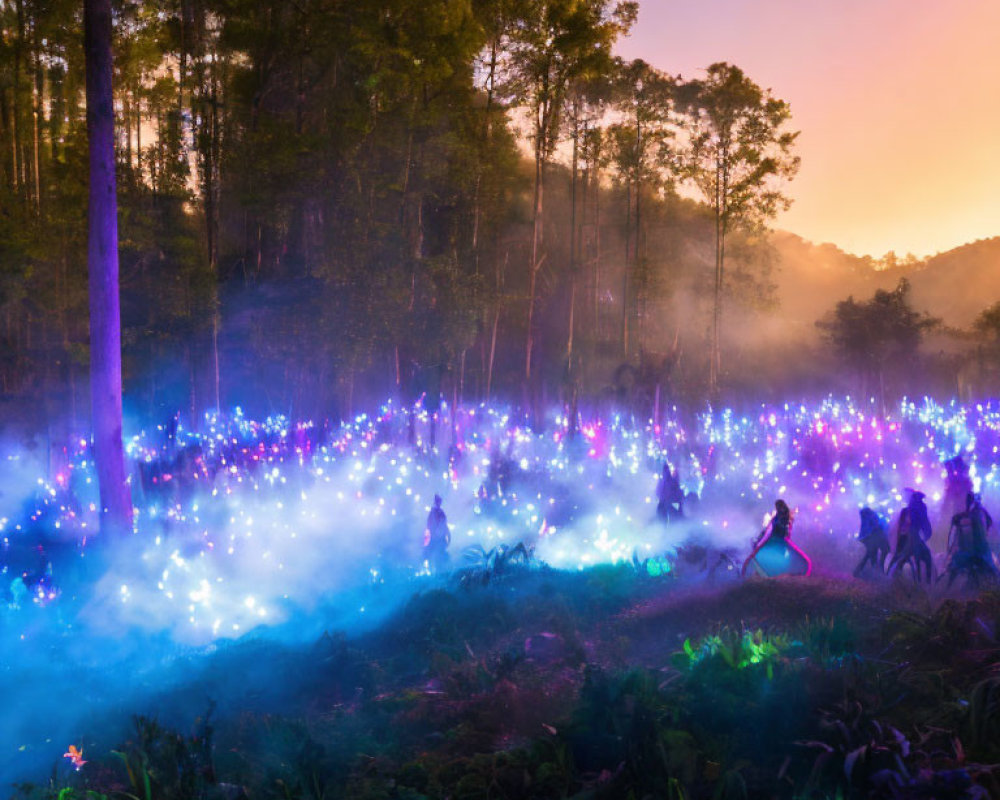 Twilight forest scene with colorful lights, fog, and wandering silhouettes