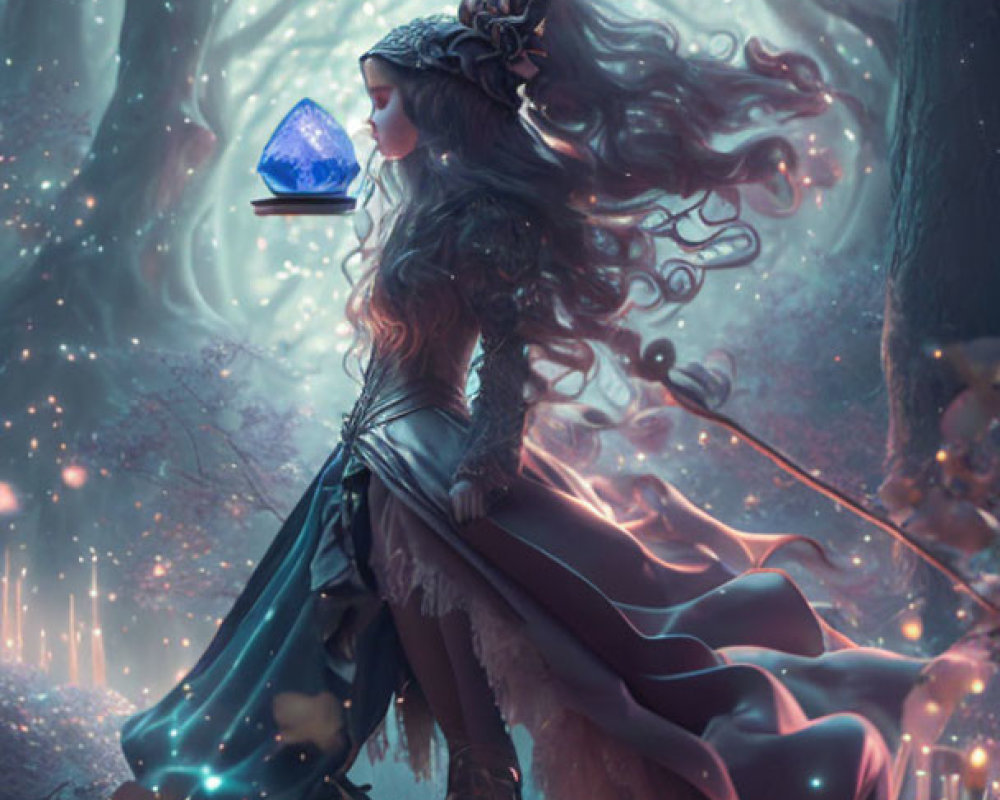 Mystical woman in forest with glowing trees and jellyfish lights holding blue crystal