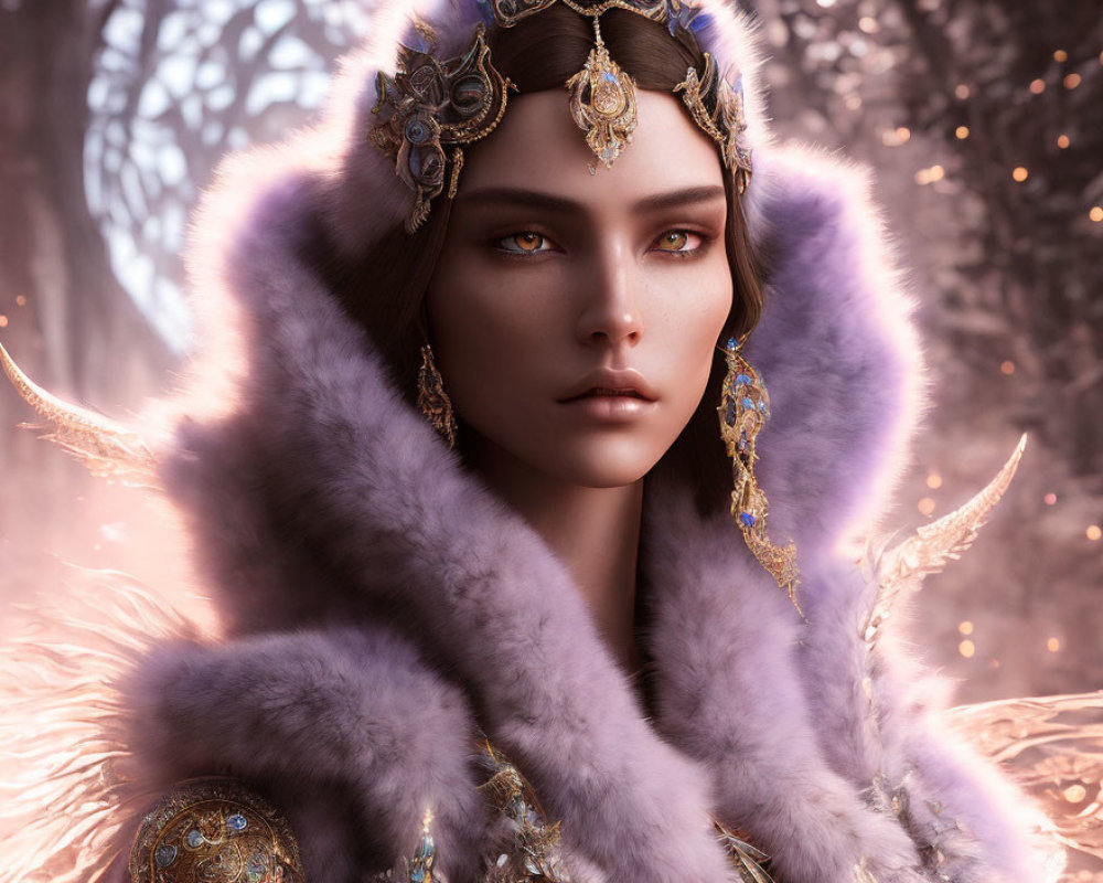 Regal figure in ornate headdress against mystical forest backdrop