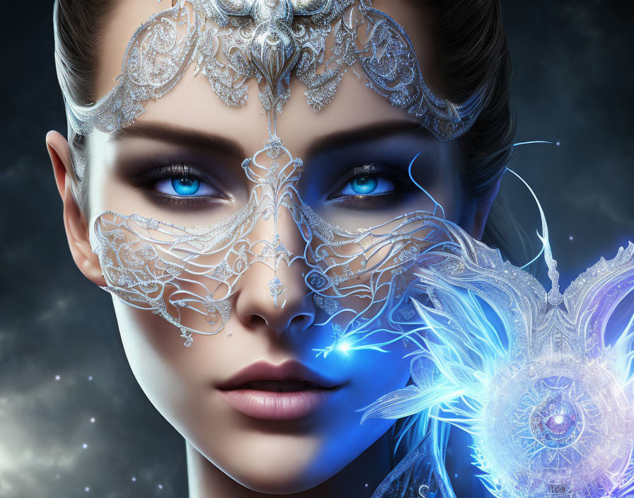 Silver Mask and Butterfly-Like Object with Blue Eyes in Cosmic Setting