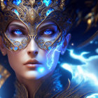 Fantasy character with blue eyes, gold headgear, and magical energy