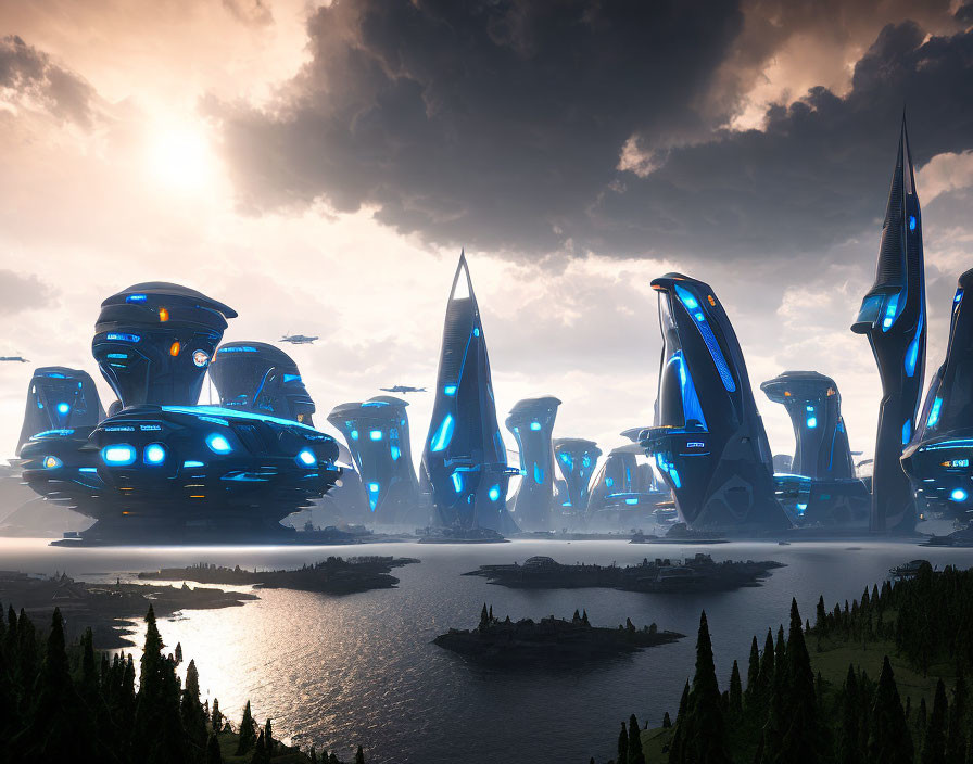 Futuristic cityscape with glowing blue skyscrapers and floating structures