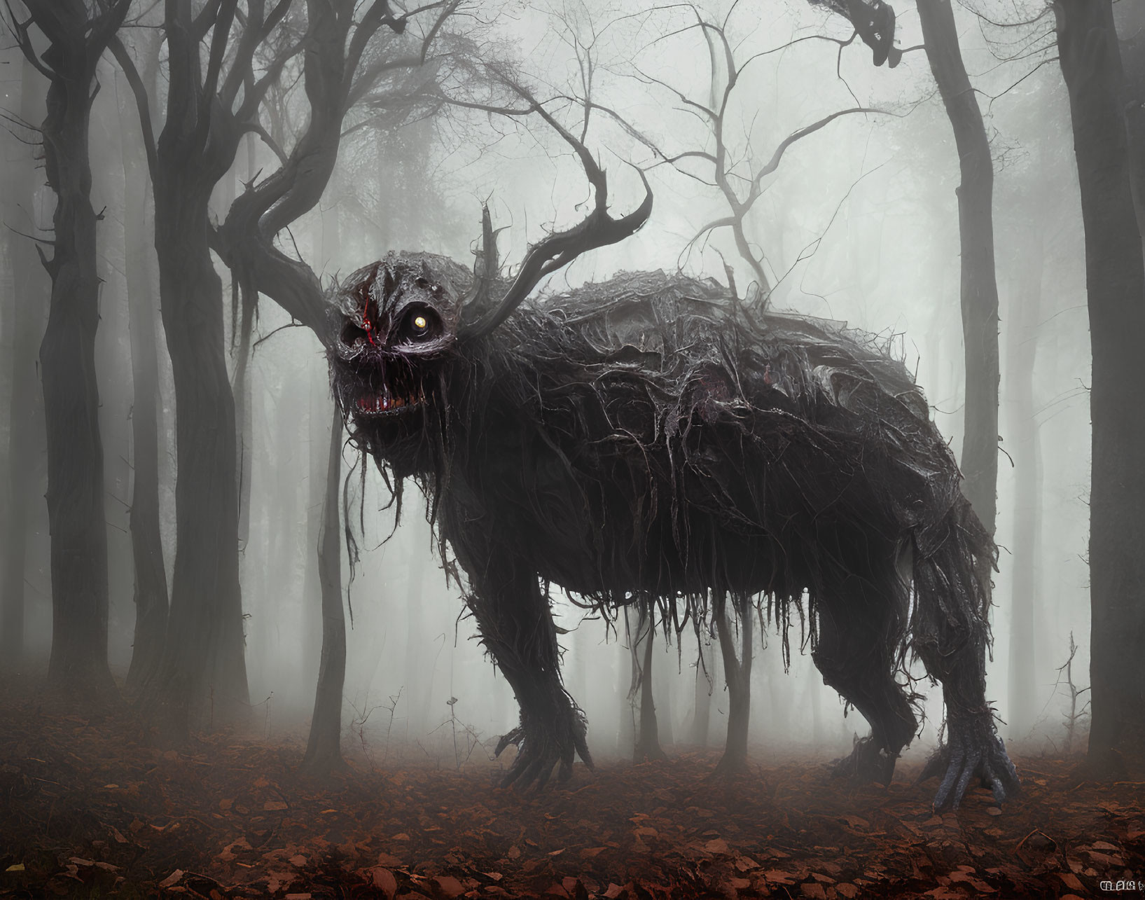 Menacing beast-like creature with glowing red eyes in foggy forest