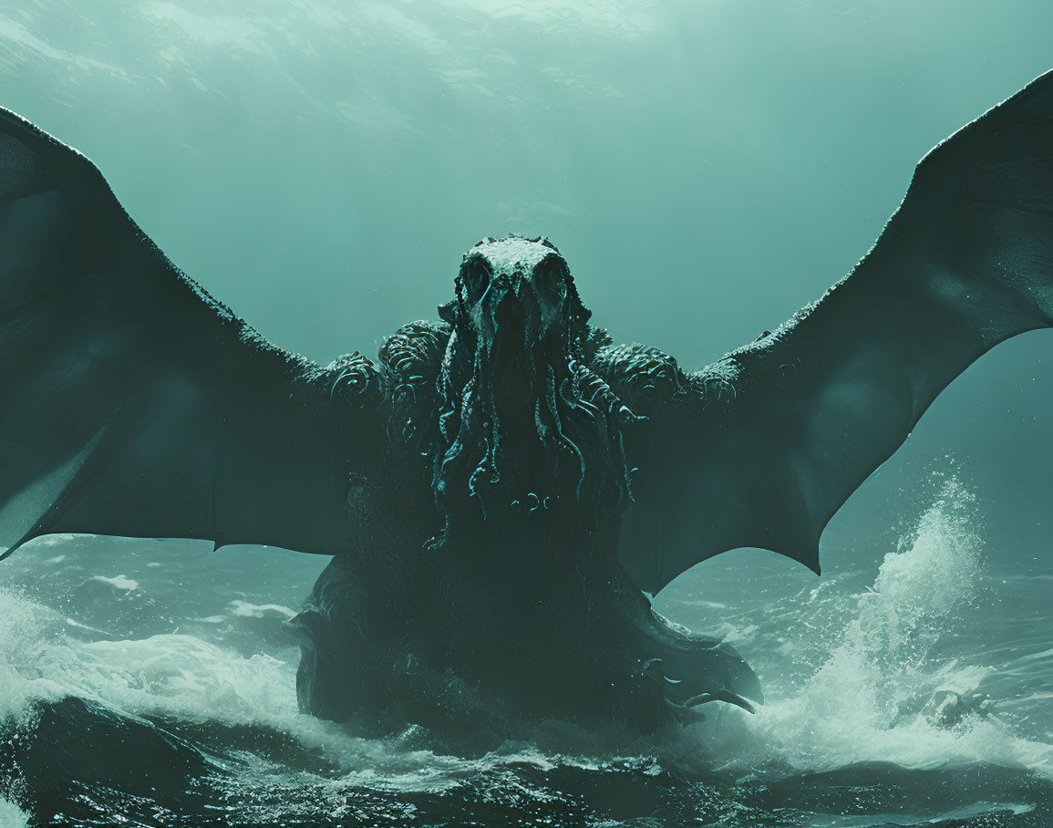 Enormous mythical sea creature with wings and tentacles.