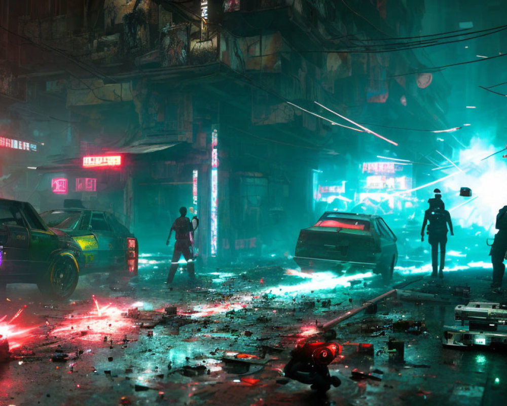 Dystopian neon-lit scene with silhouettes, futuristic cars, and debris