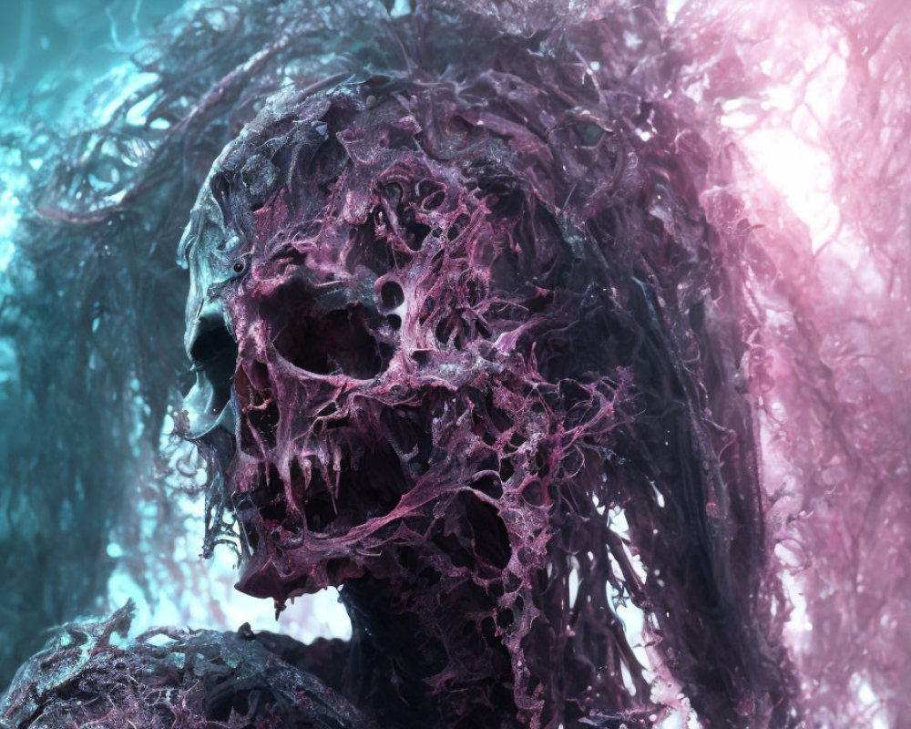 Skull-like figure with fibrous textures on blue and pink backdrop