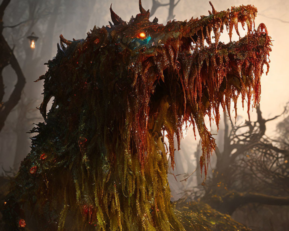Moss-Covered Mythical Creature in Misty Forest with Glowing Eyes