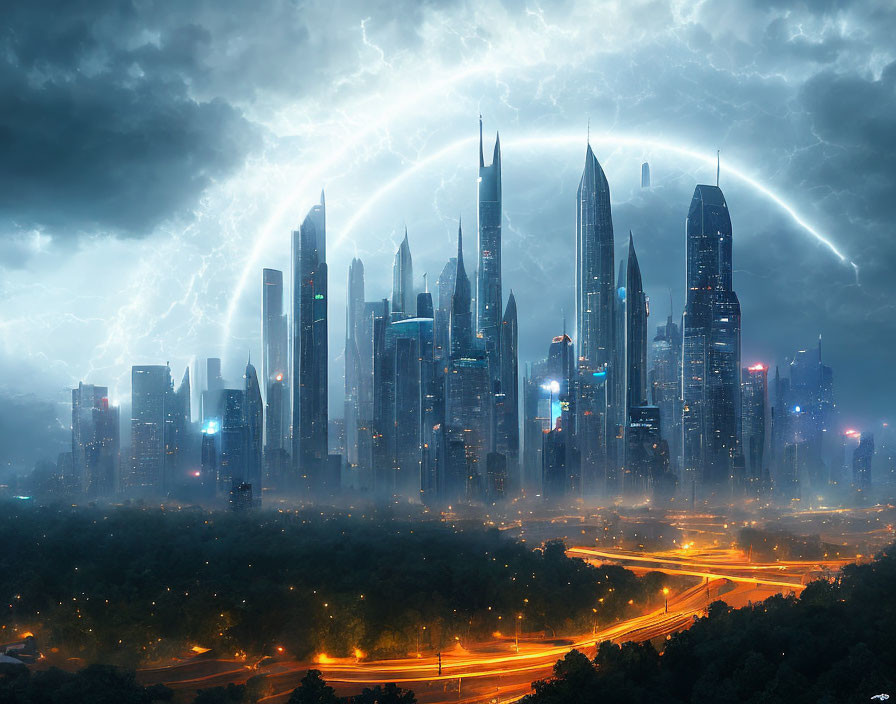 Futuristic city skyline at night with lightning storm and light trails.