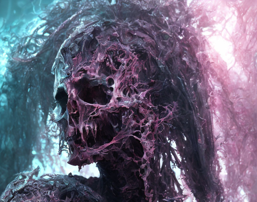 Skull-like figure with fibrous textures on blue and pink backdrop
