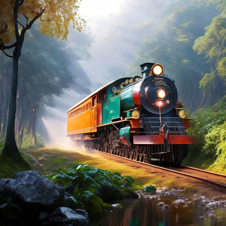 Vintage steam engine train travels through sunny forest with light beams.