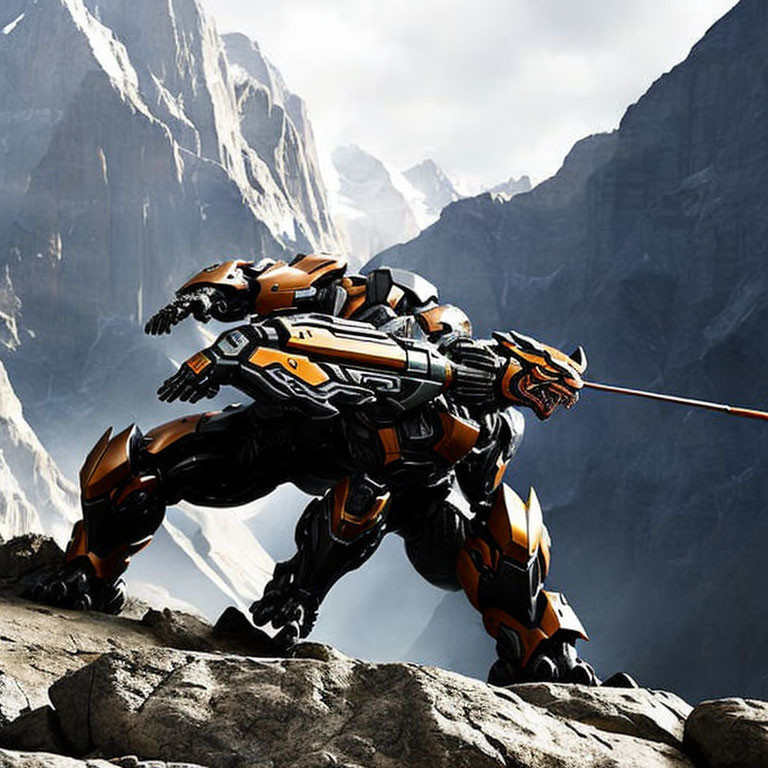 Robotic tiger shooting laser beam in mountainous terrain