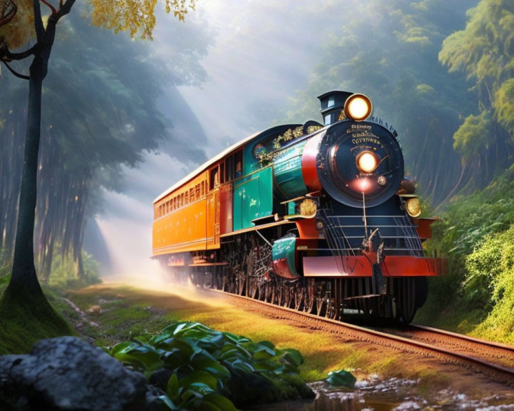 Vintage steam engine train travels through sunny forest with light beams.