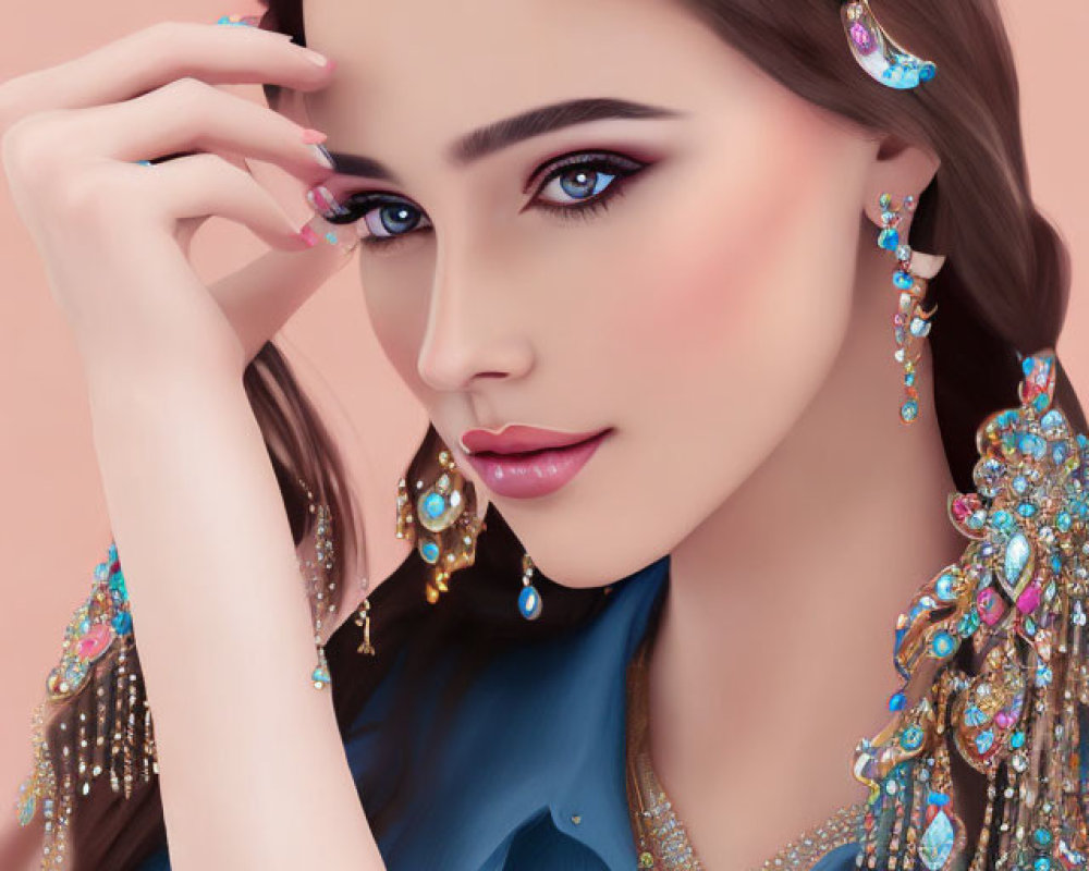 Digital Artwork: Woman with Striking Blue Eyes and Jeweled Earrings on Pink Background