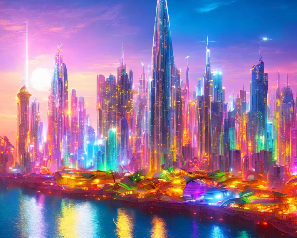 Futuristic cityscape at sunset with neon lights and skyscrapers