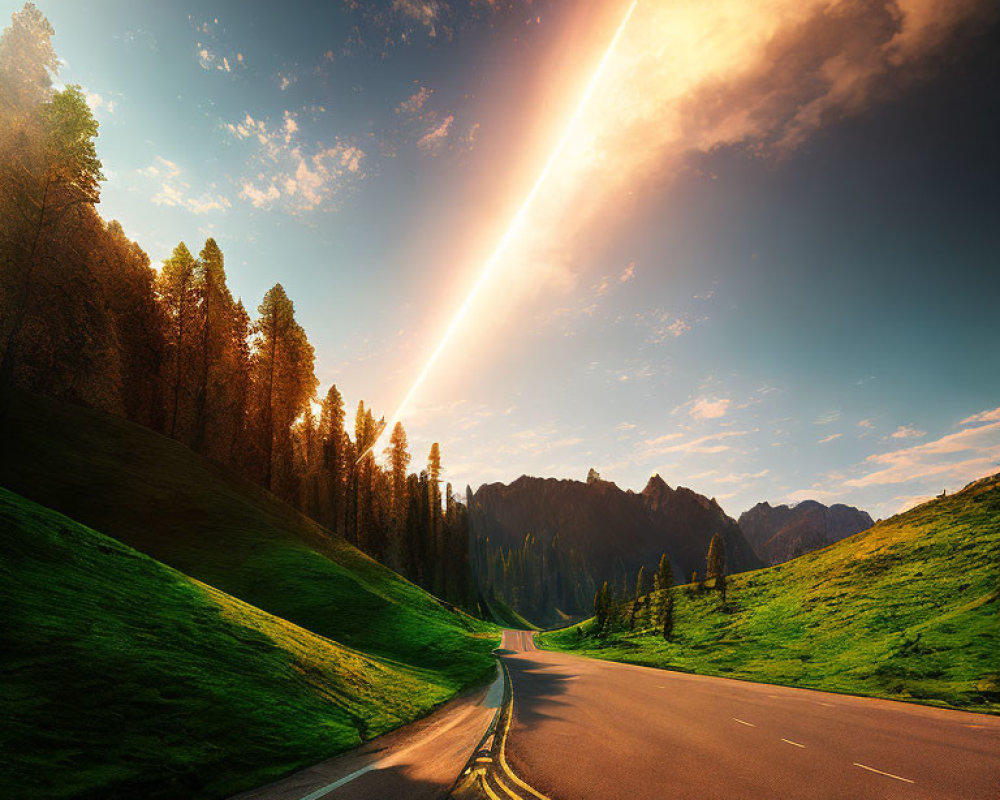 Scenic road through lush valley with towering pine trees under dramatic day-night sky