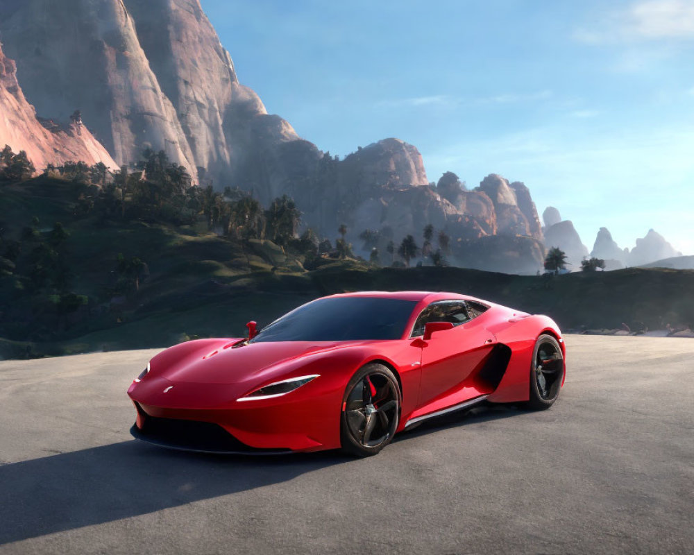 Red Sports Car Parked on Open Road with Rocky Mountains and Blue Sky