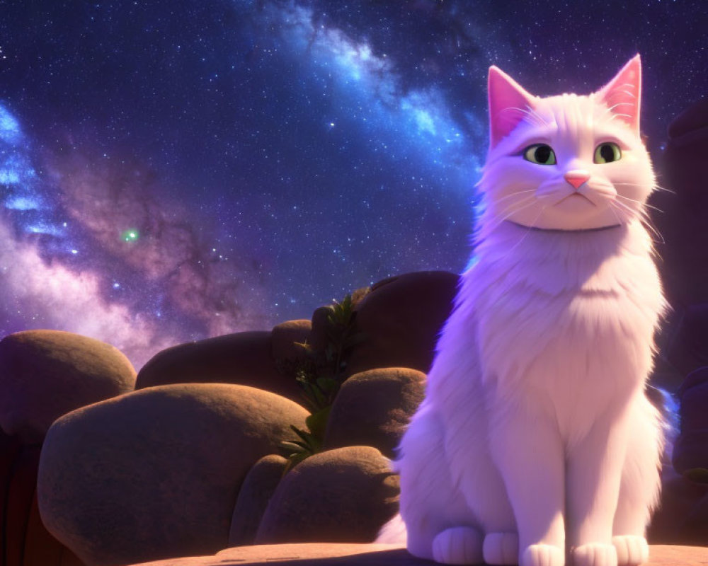 White Cat with Green Eyes Sitting on Rock Under Starry Night Sky