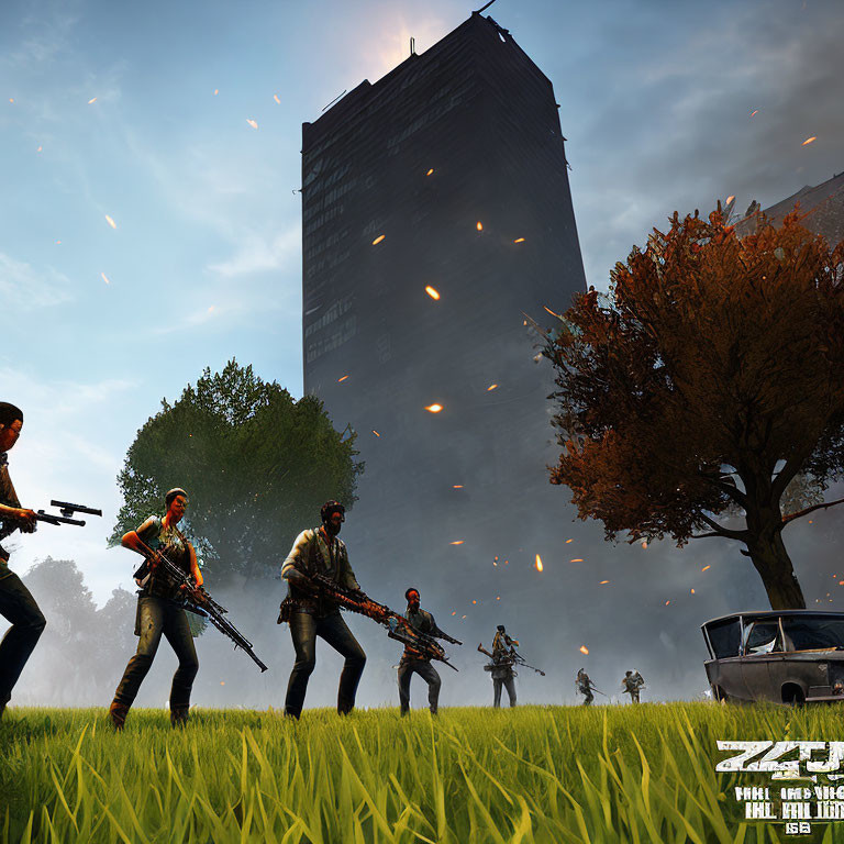 Four-armed characters in grassy field with burning skyscraper in video game scene