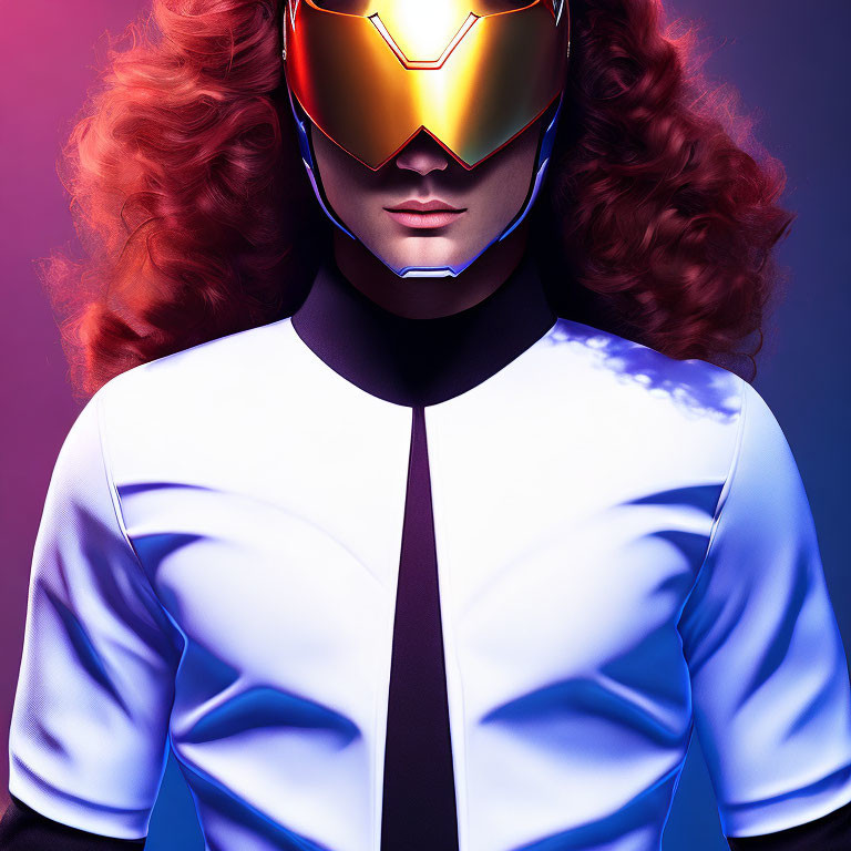 Voluminous red hair, futuristic suit, gold and silver helmet on purple background