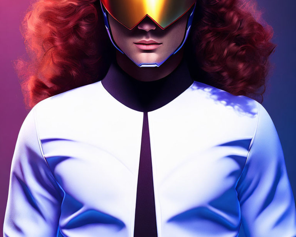 Voluminous red hair, futuristic suit, gold and silver helmet on purple background
