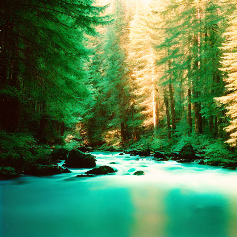 Luminous Turquoise River in Vibrant Forest