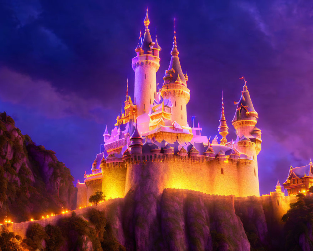 Twilight scene of illuminated fairy-tale castle on cliff