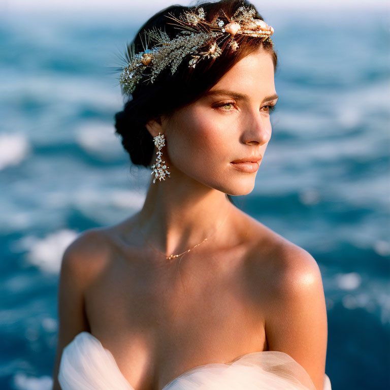 Bride with decorative headpiece by tranquil sea in elegant jewelry