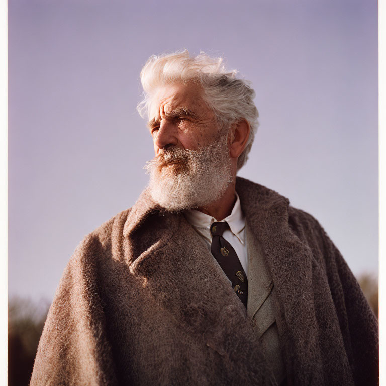 Elderly man with white beard in coat and tie against sky.