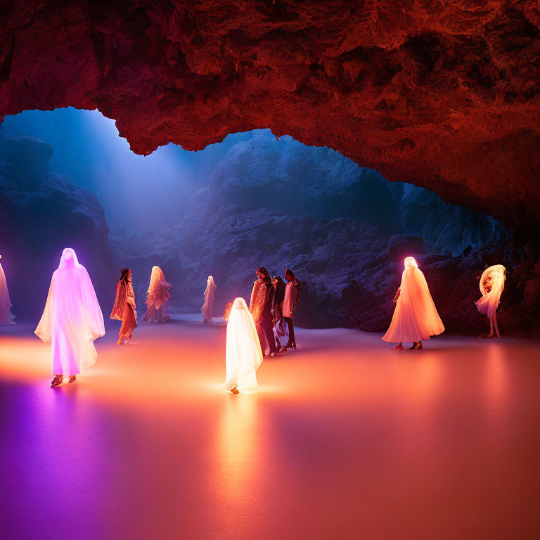 Diverse Outfits in Colorful Cave with Purple and Orange Lighting
