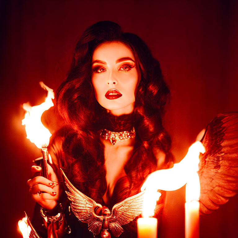 Woman with dramatic makeup and winged outfit holding flaming torches in fiery setting